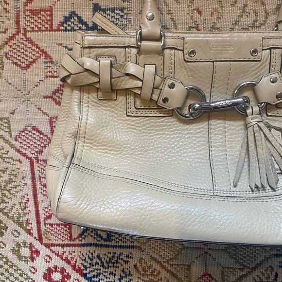 Coach Hampton Cream Leather Carryall Satchel Tote Handbag Braid Pebble F13084 - Picture 3 of 16